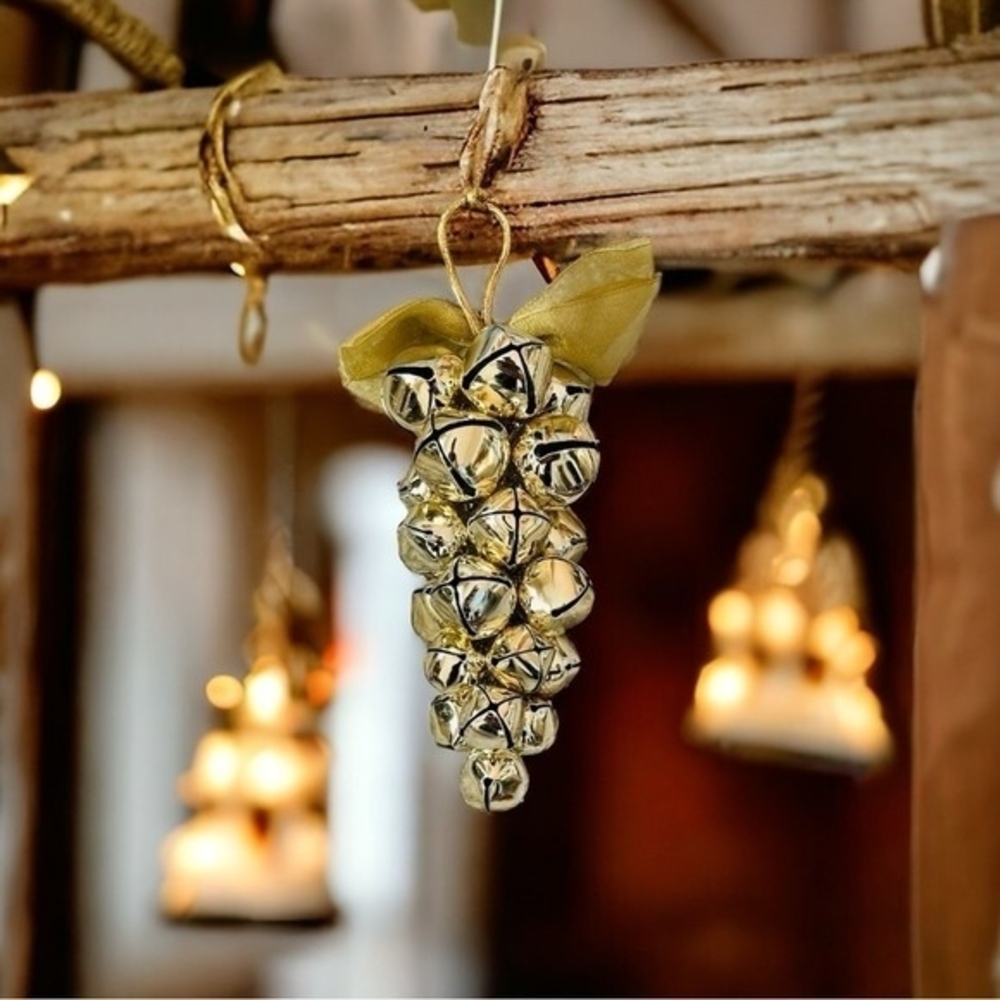 Vintage Jingle Bells Gold Metal Grape Cluster Ornament 9"x4" Xmas Tree Decor VG